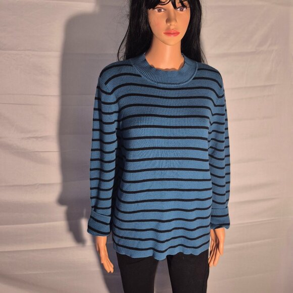 THE TOG SHOP Pretty Cotton sweater, Black and Turquoise stripes, size XL - Picture 2 of 16